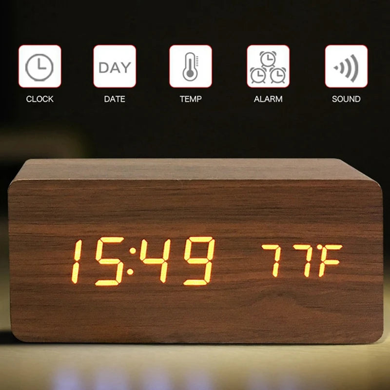 Réveil numérique Horloge de table LED en bois avec température pour chambre à coucher Bureau de voyage