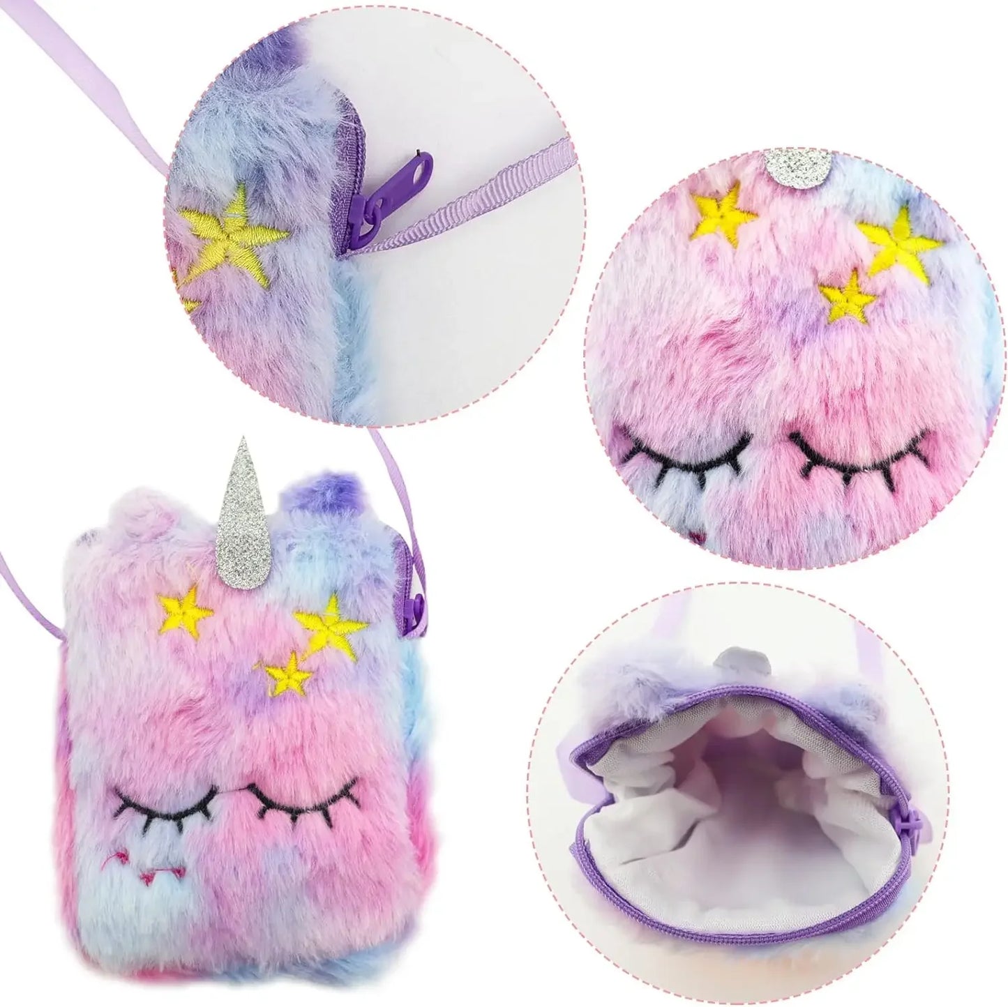 NEEVAS Ensemble sac à dos et sac à main mignon licorne chat kawaii coloré en peluche sac d'école, sac à bandoulière,3 pièces, cadeau pour enfants filles