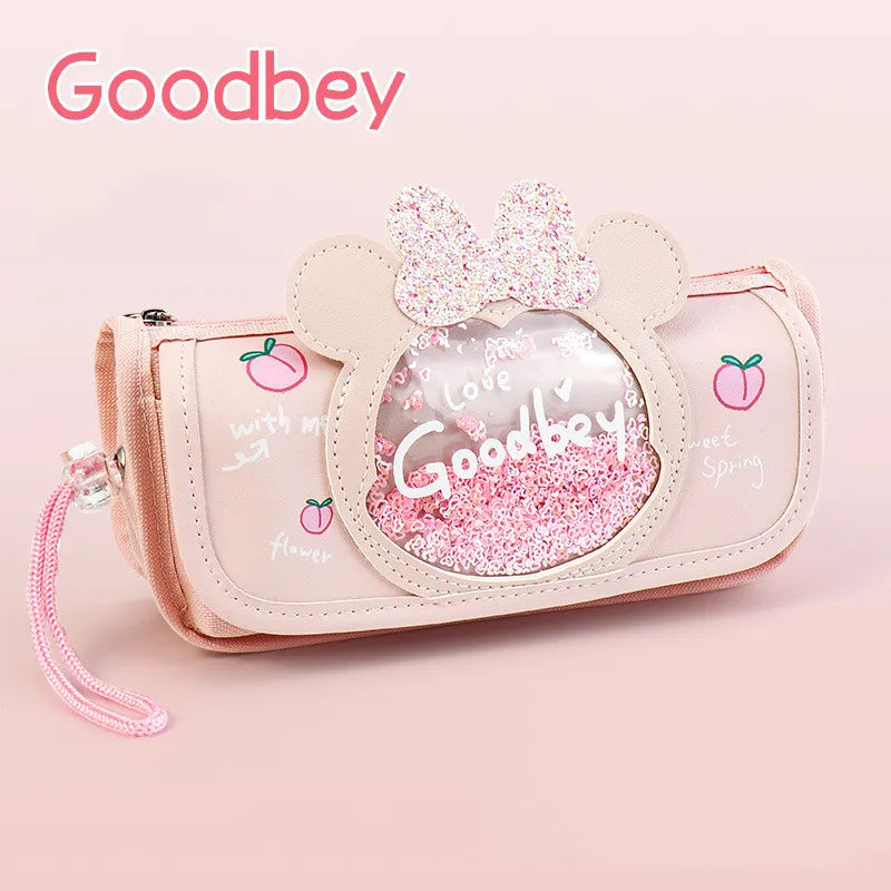 Sable mouvant chat crayon étui mignon sac à crayons Trois couches Grand étui à stylo filles kawaii Papeterie sac dessin animé animaux stylo