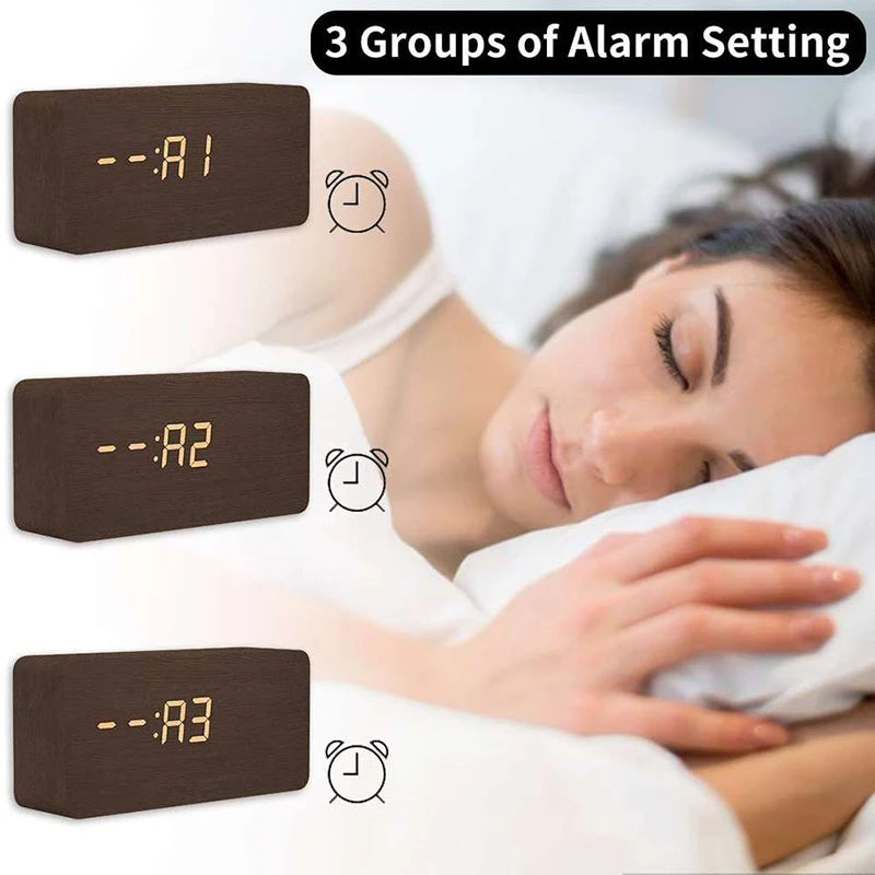 Réveil numérique Horloge de table LED en bois avec température pour chambre à coucher Bureau de voyage