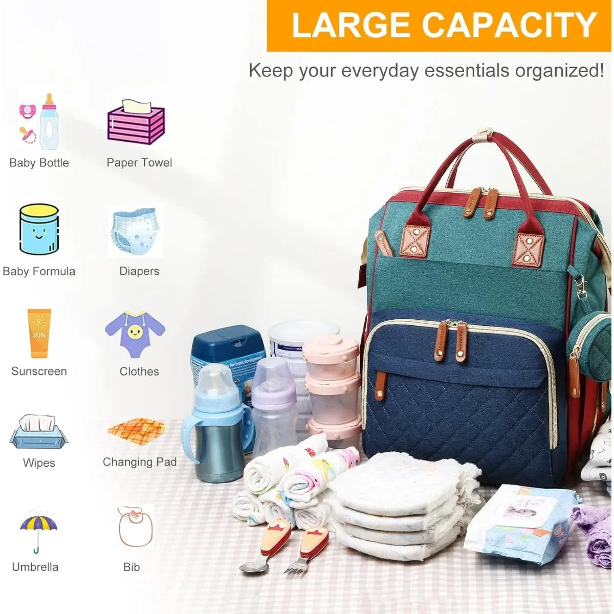 Fexkean Sac à Dos à Langer pour Bébé, Sac à Dos Pour lit bébé, Sac à langer de voyage portable avec lit pliable Grande Capacité Sac à Couches Multifonction Imperméable
