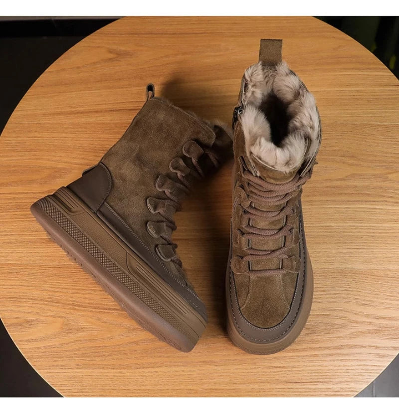 Mode Style Britannique Hiver Nubuck Bottes De Neige Femmes Semelle Épaisse Fourrure En Peluche