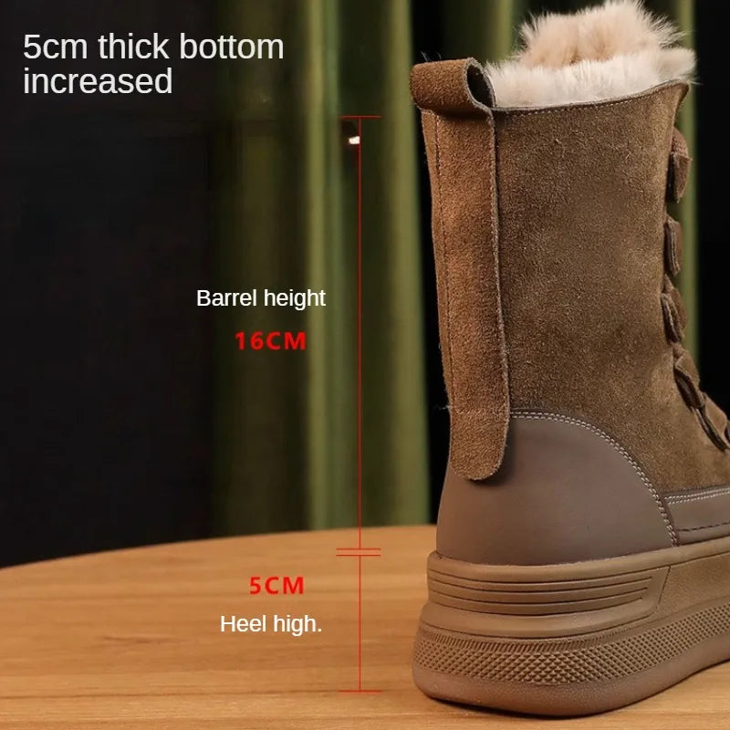 Mode Style Britannique Hiver Nubuck Bottes De Neige Femmes Semelle Épaisse Fourrure En Peluche