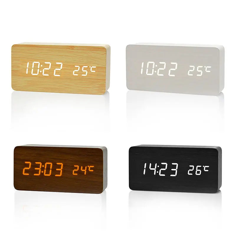 Réveil numérique Horloge de table LED en bois avec température pour chambre à coucher Bureau de voyage