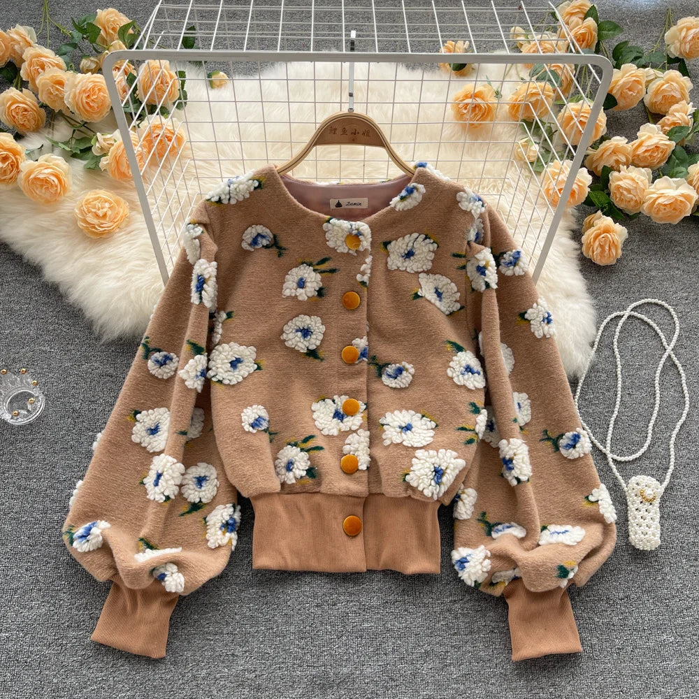 Veste Courte à Manches sulfet Col Rond pour Femme, Vêtement à Boutonnage Simple, Style Rétro, Fleur Tridimensionnelle