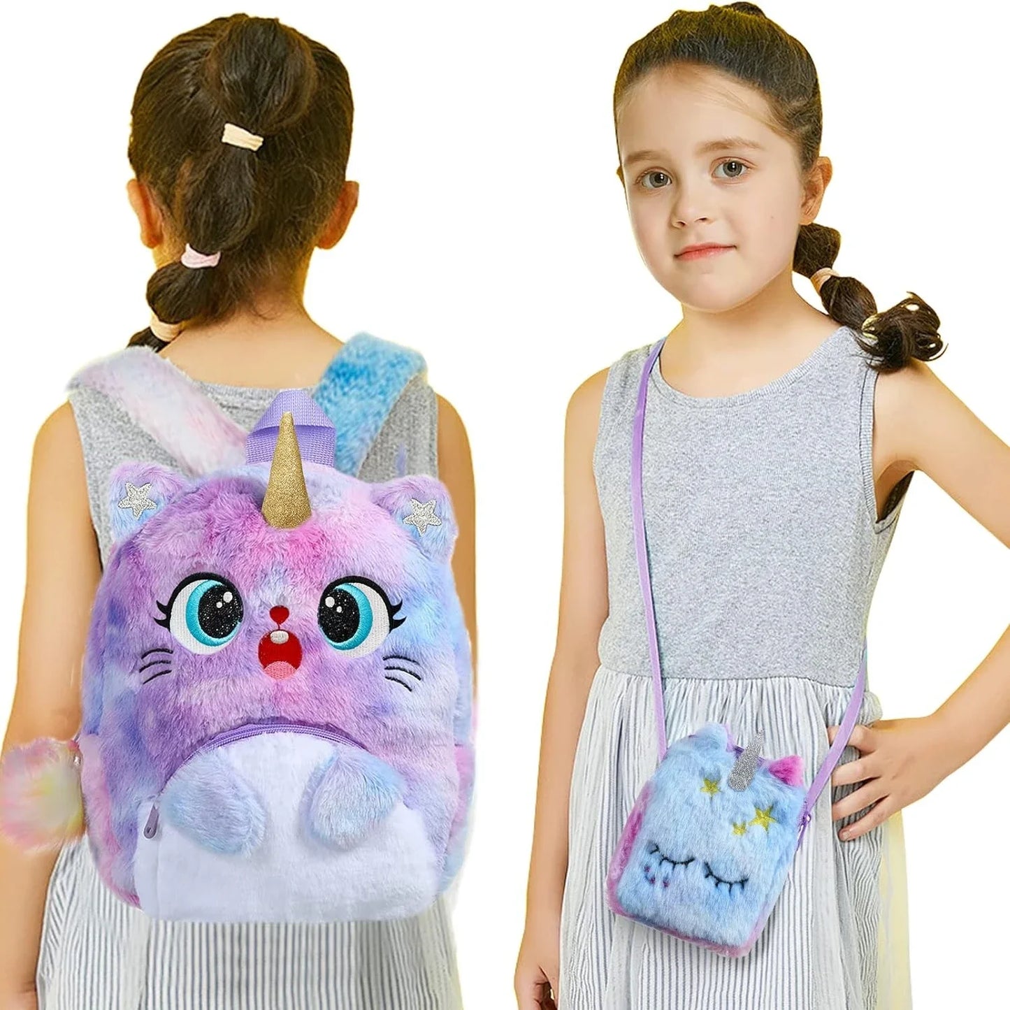 NEEVAS Ensemble sac à dos et sac à main mignon licorne chat kawaii coloré en peluche sac d'école, sac à bandoulière, sac à bandoulière doux, cadeau pour enfants filles