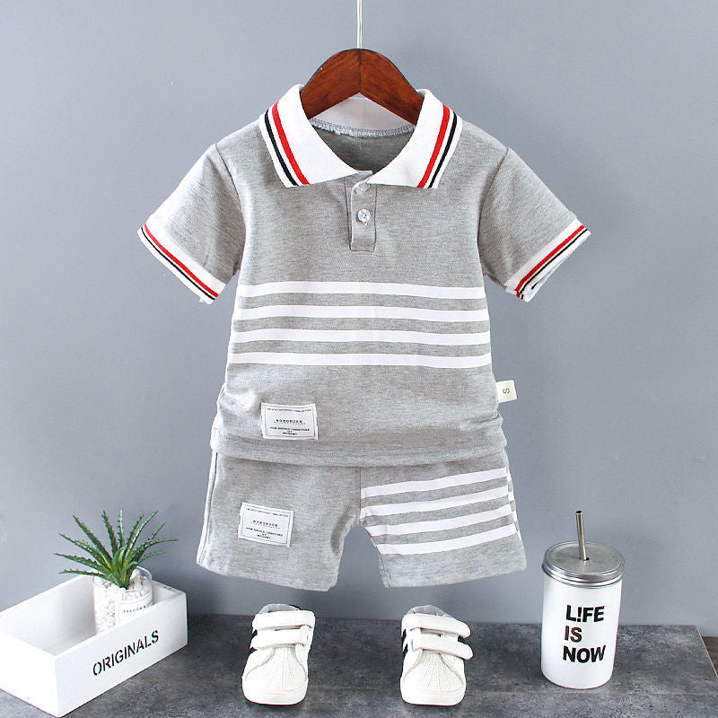 2 piéces Ensemble Court À Rayures Imprimées À Manches Courtes Pour Garçon, Ensemble T-shirt Et Short, Vêtements Pour Enfants Pour L'été