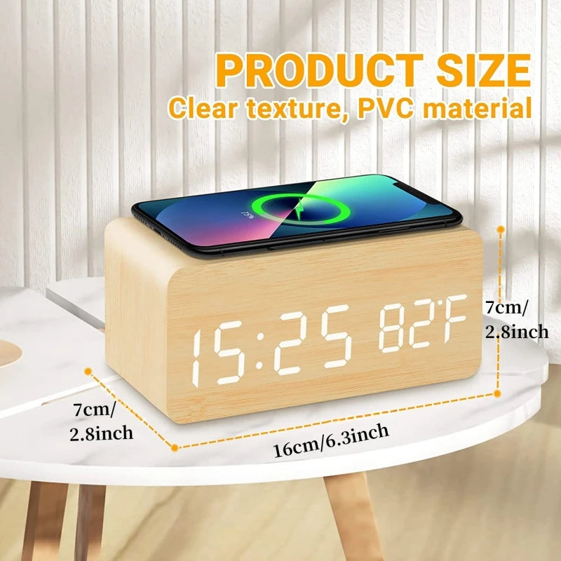 Réveil numérique en bois Charge sans fil Température Rendez-vous Mode nuit Horloge de table 3 Alarme 12 / 24H Horloge LED