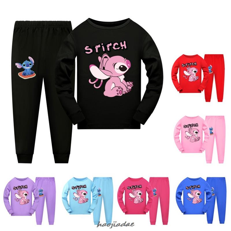 Ensembles de pyjamas en coton à manches longues pour enfants Stitch
