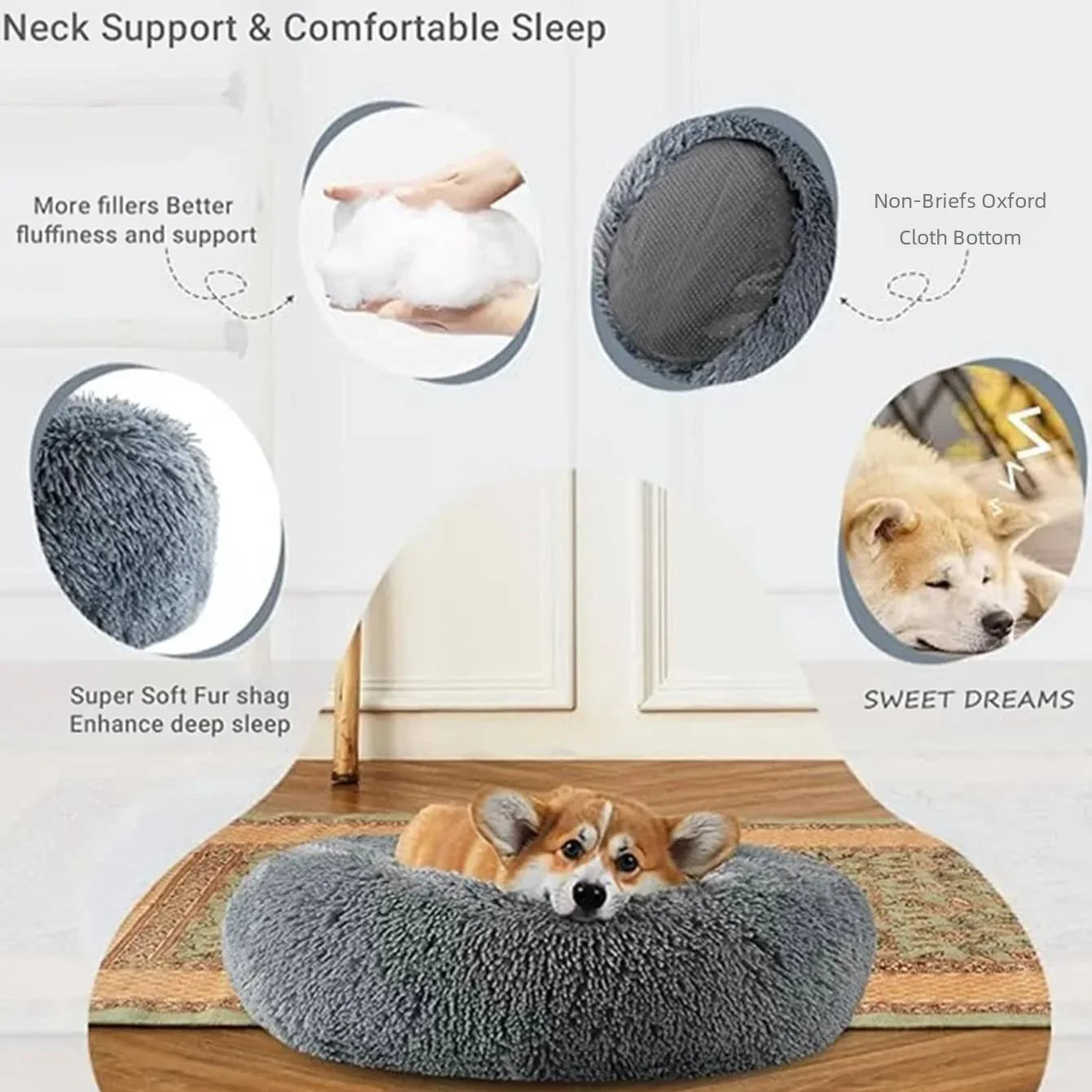 Lit rond en peluche super doux pour animaux de compagnie, lit pour grand chien, maison pour chat, long, moyen, sommeil chaud, hiver, 50
