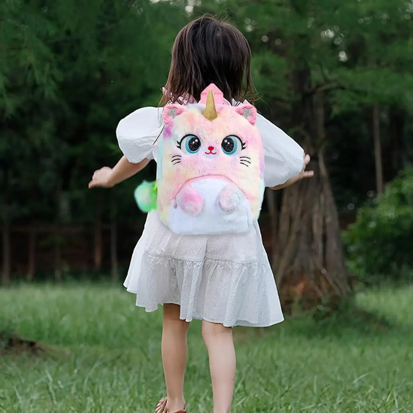 COSSIKA Plush Backpack Sac à Dos en Peluche de Chat de Grands Yeux pour Enfants Sac d'école de Bande dessinée Sac d'épaules de Teinture colorée pour Le Cadeau de Fille Utilisation