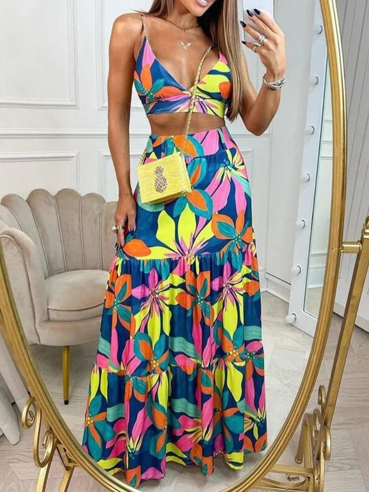 Ensemble Nouveau été femmes deux pièces ensembles sans manches jupe imprimée deux pièces hauts sexy élégante robe longue dames plage costume jupe