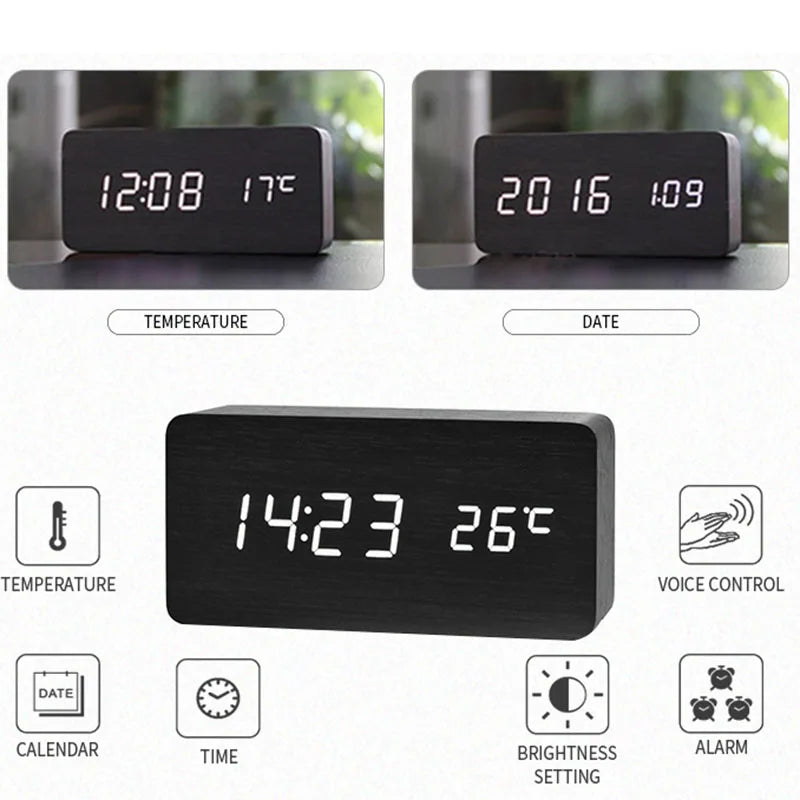 Réveil numérique Horloge de table LED en bois avec température pour chambre à coucher Bureau de voyage