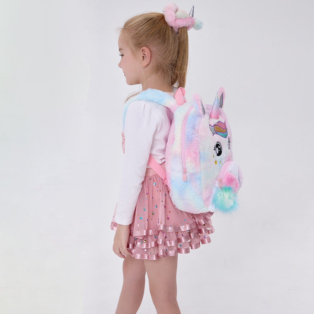 Sac à dos pour filles de maternelle Sac à dos en peluche de dessin animé licorne pour enfants avec de jolis grands yeux