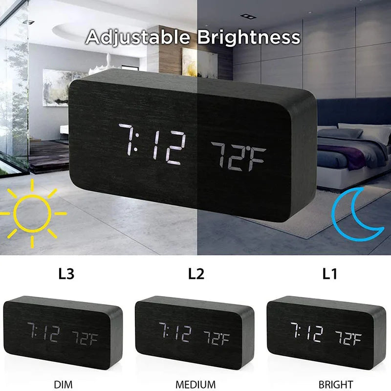 Réveil numérique Horloge de table LED en bois avec température pour chambre à coucher Bureau de voyage