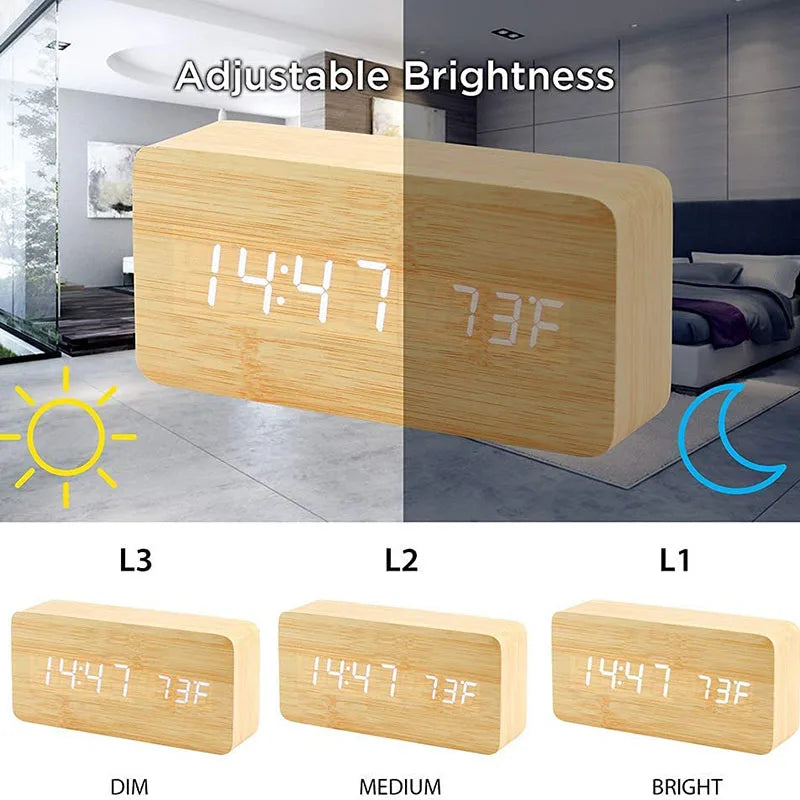 Réveil numérique Horloge de table LED en bois avec température pour chambre à coucher Bureau de voyage