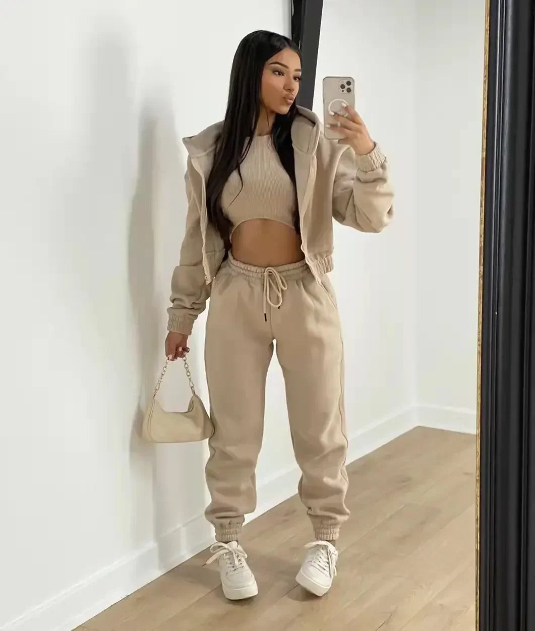 3pcs Ensemble de vêtements pour femmes Pull à capuche doublé de polaire , survêtement de sport