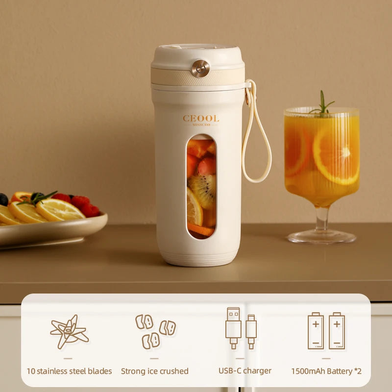 Mixeur Portable de 350 ml, Mini Melangeur à Jus Smoothie 10 Lames, Coupe de Jus Rechargeable USB-C 3000mAh Pour Sport, Gymnase, Bureau, Voyages