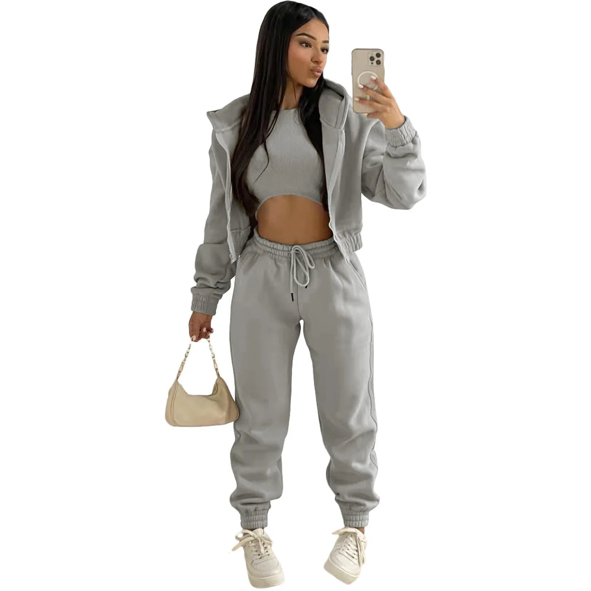 3pcs Ensemble de vêtements pour femmes Pull à capuche doublé de polaire , survêtement de sport
