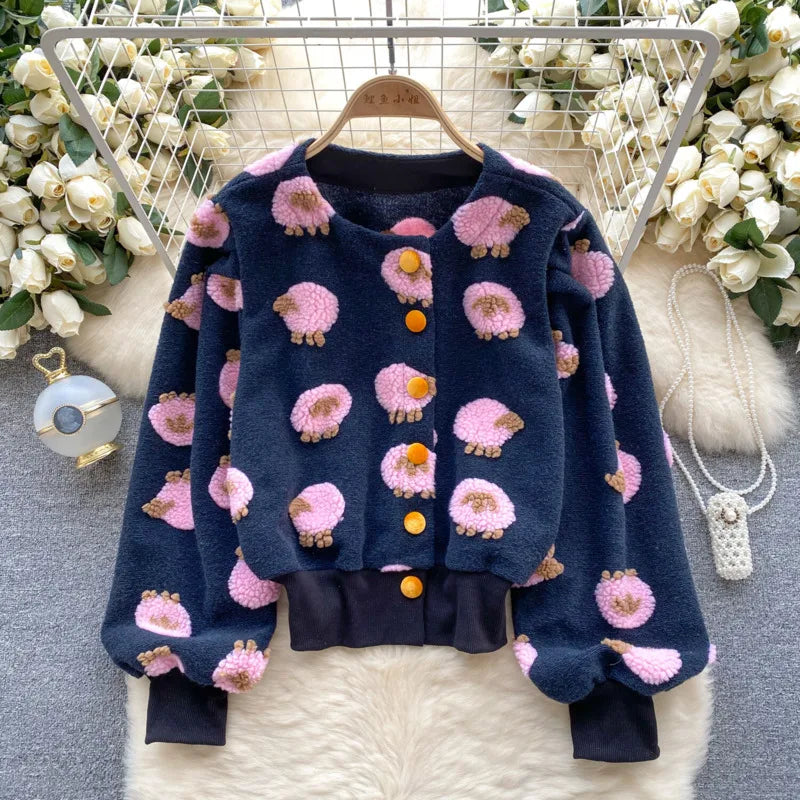 Veste Courte à Manches sulfet Col Rond pour Femme, Vêtement à Boutonnage Simple, Style Rétro, Fleur Tridimensionnelle