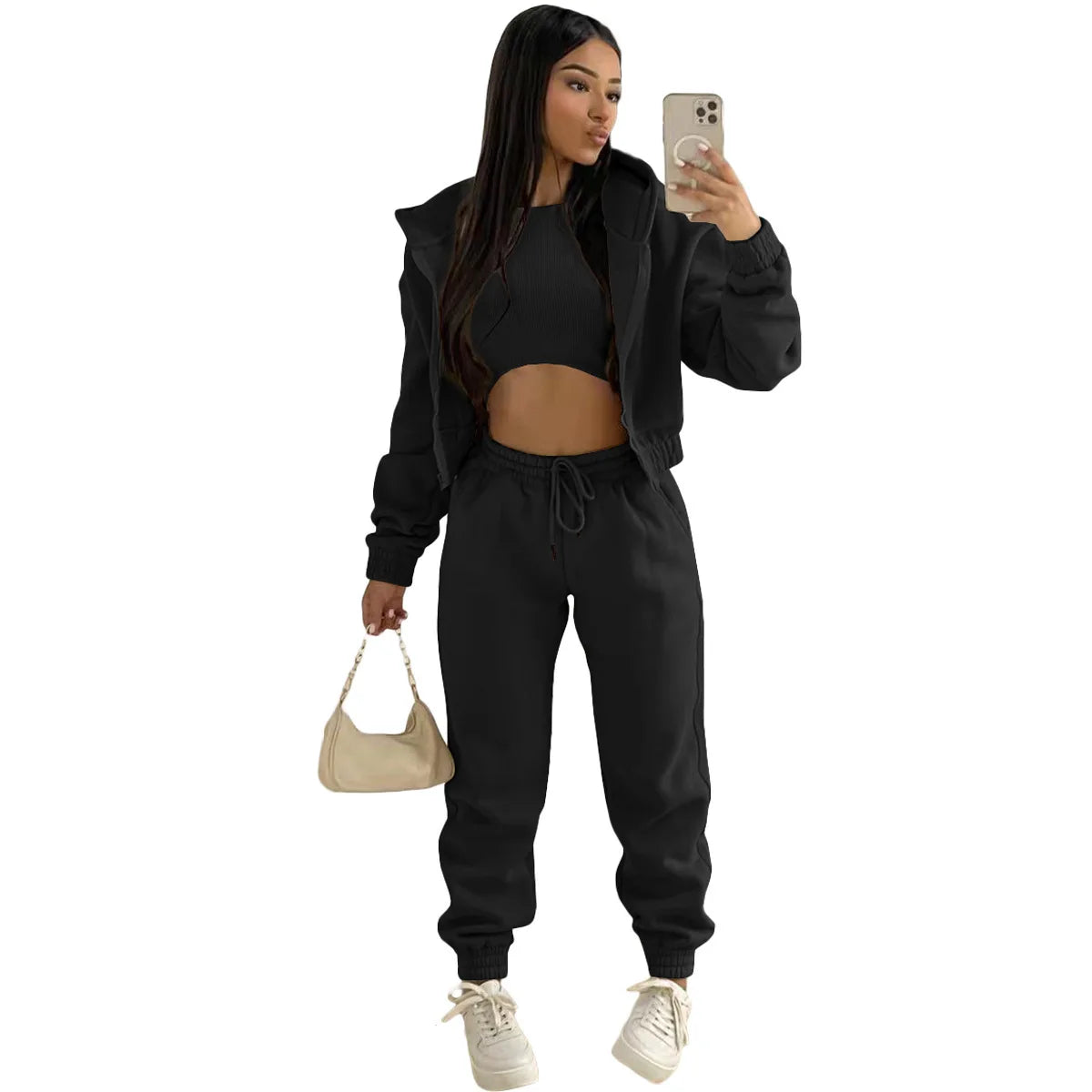 3pcs Ensemble de vêtements pour femmes Pull à capuche doublé de polaire , survêtement de sport