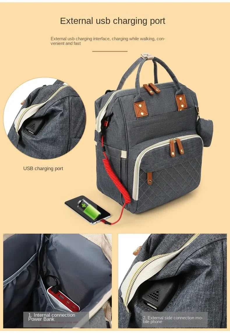 Sac à Dos à Langer pour bébé, Sac de Voyage avec Lit de Bébé Portable, 35L Grande Capacité Sac de Maternité, Sac à Couches Multifonction avec 2 Sangles de Poussette et Berceau