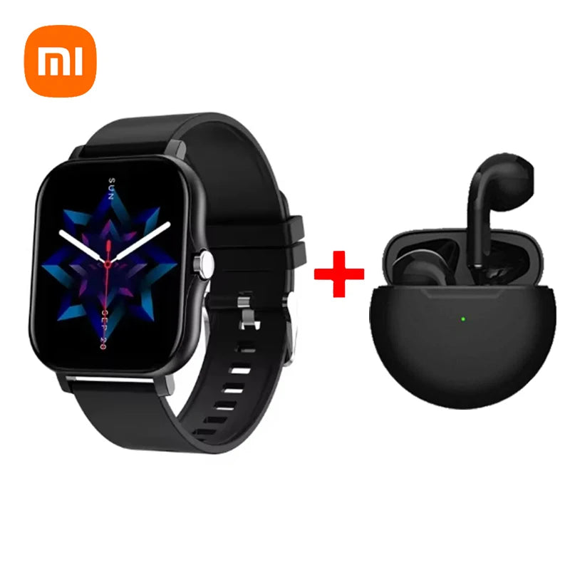 Xiaomi Smart Watch 2025 Android Cadeau Pour Homme Bluetooth Appel Smartwatch 2024 Cadran Tactile Musique Fitness Tracker Montres de sport + Écouteurphones Android IOS + Cadeau