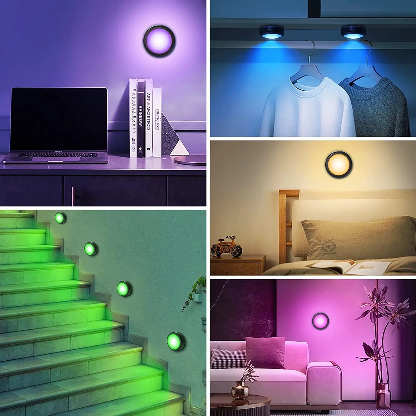 1/2/3/4/6 Pack RGBW LED Puck Lights avec télécommande LED sous l’armoire Lumières de poussée dimmables Lampes sans fil sans fil sous le comptoir pour armoire de cuisine