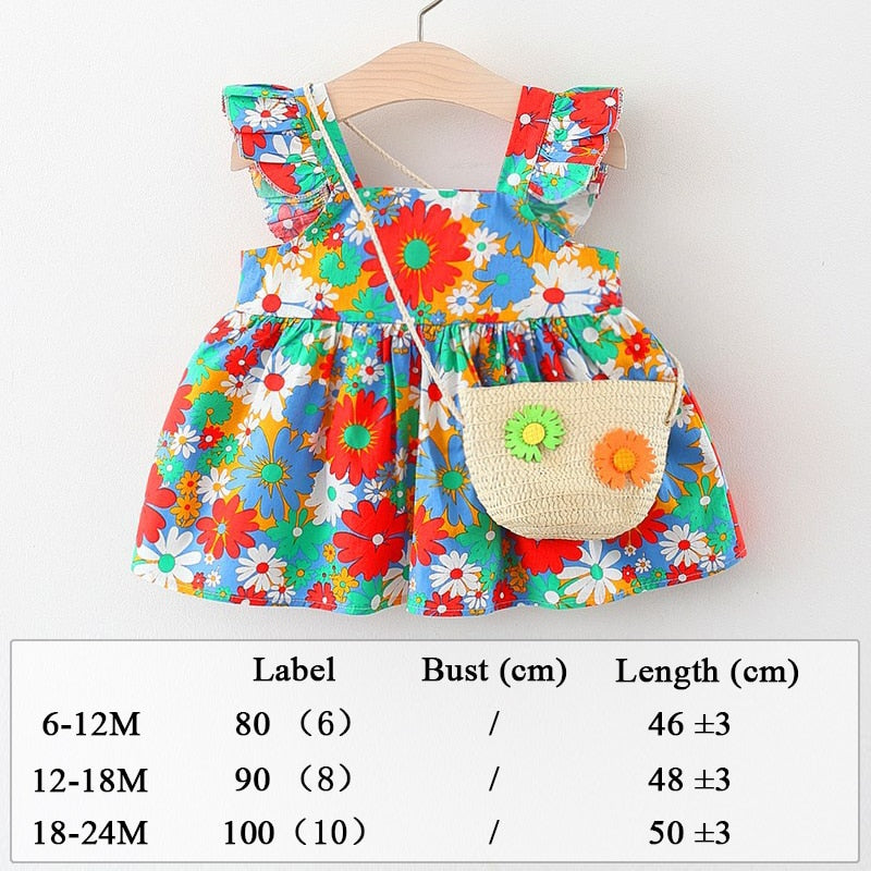 Robe Imprimée Intégrale Avec Des Fleurs Pour Enfant En Bas Âge Et Chapeau, Jolie Robe Sans Manches Avec Nœud Décoratif, Vêtements Pour Bébé Fille Pour L'été