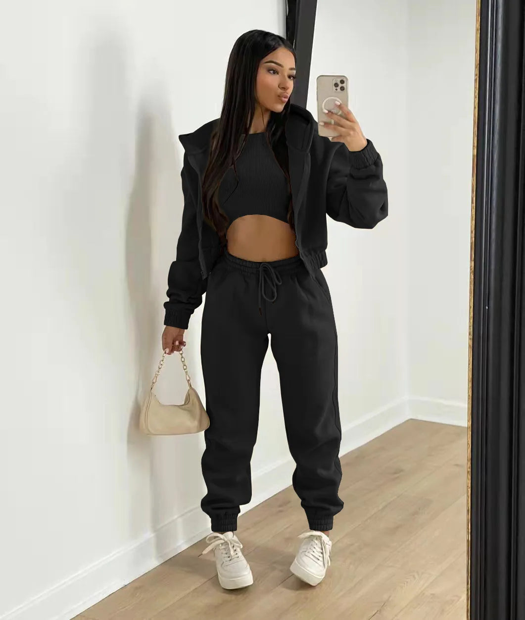 3pcs Ensemble de vêtements pour femmes Pull à capuche doublé de polaire , survêtement de sport