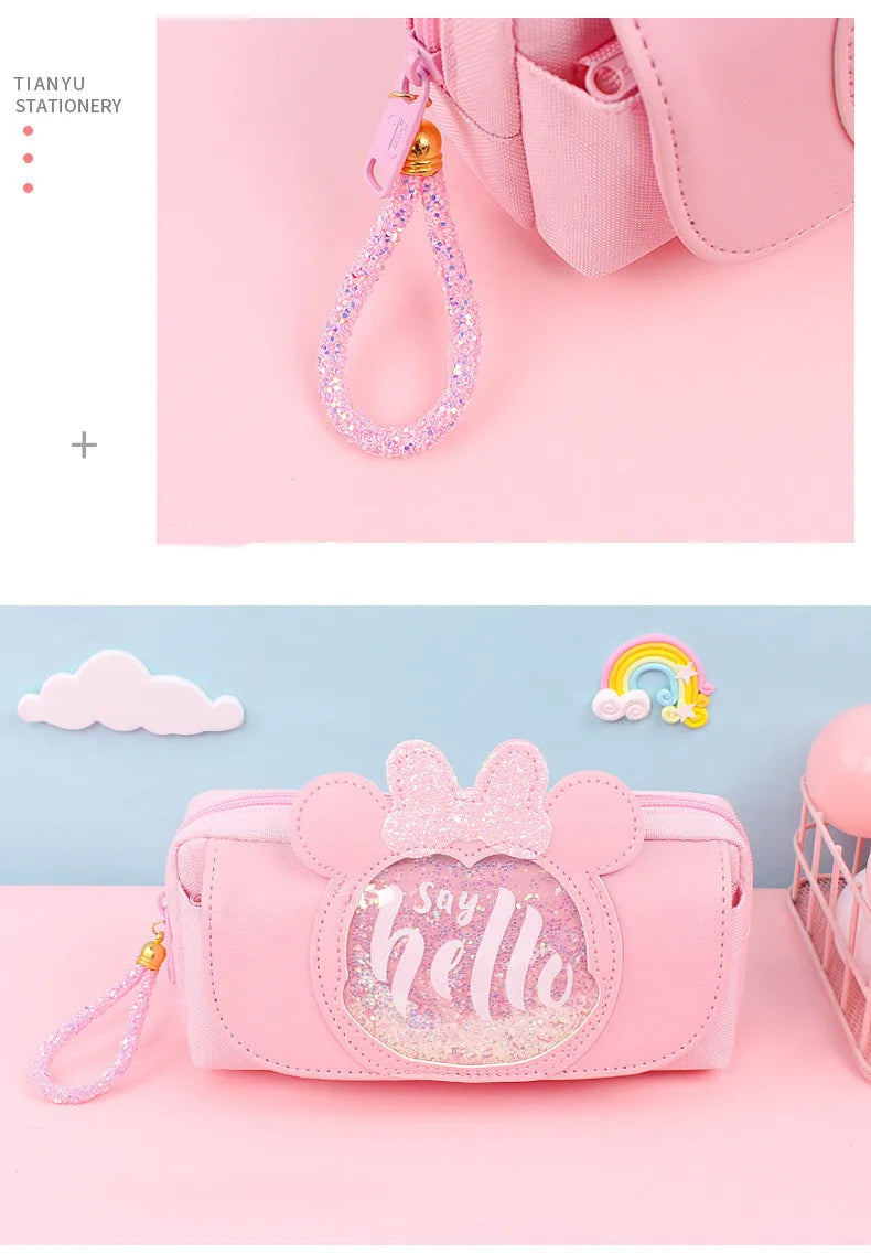 Sable mouvant chat crayon étui mignon sac à crayons Trois couches Grand étui à stylo filles kawaii Papeterie sac dessin animé animaux stylo