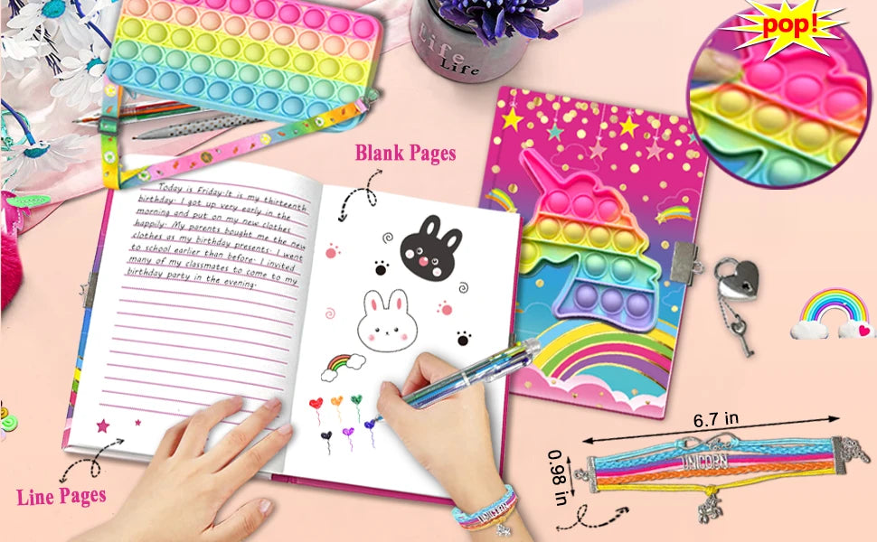 Cahier Pop pour Enfants, Fidget Journal Set Comprend Agenda avec serrure Bracelet de mode rose 6 Stylo à bille multicolore