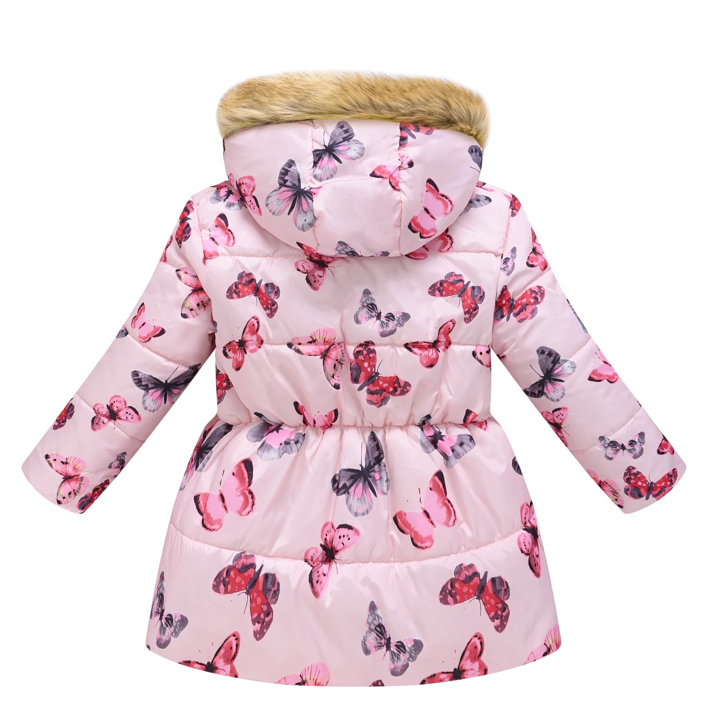 Chaud et élégant : le manteau matelassé pour fille avec imprimé papillon et capuche polaire - parfait pour l’hiver !