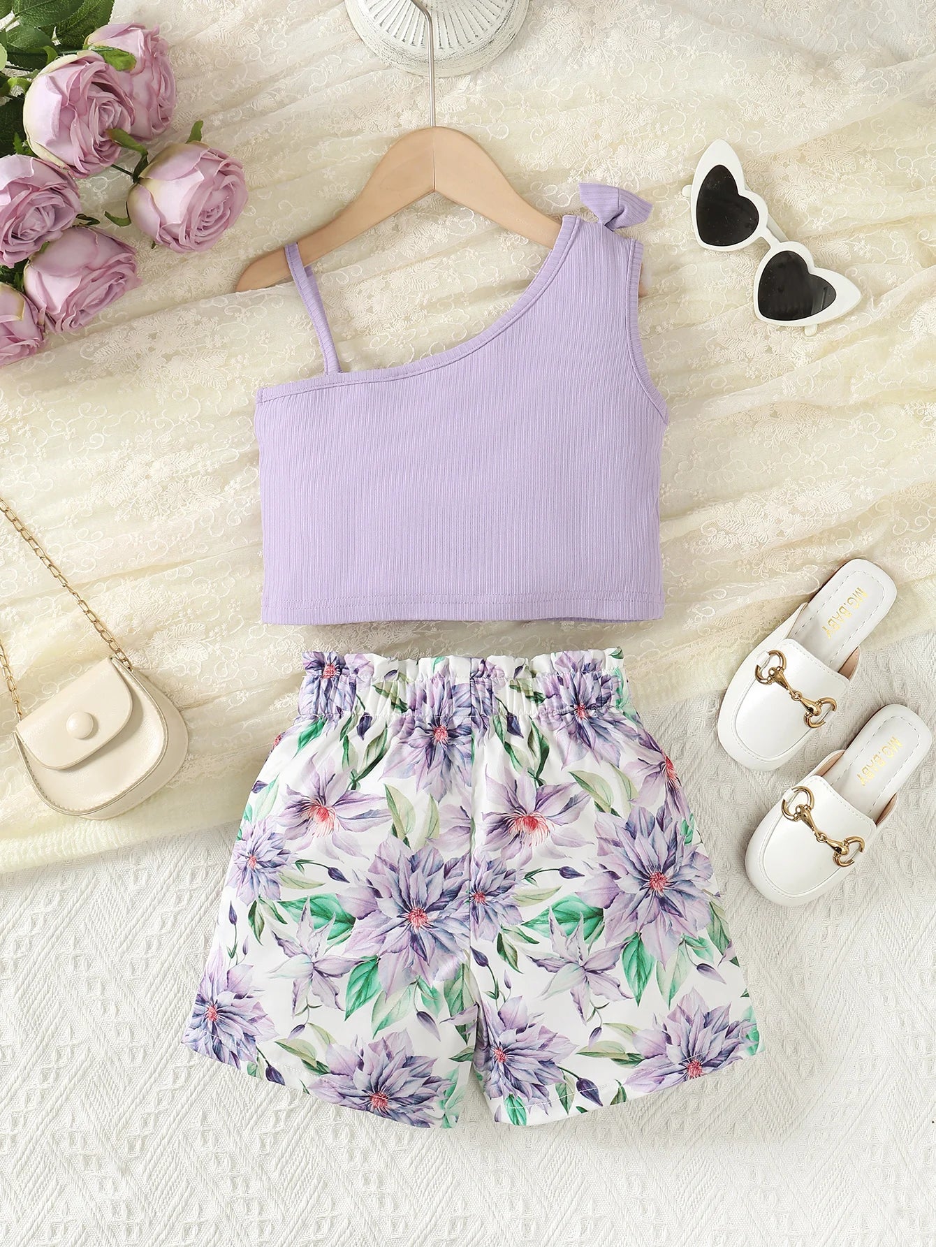 2 Pièces Filles Tenues été Ensemble Sans Manches Débardeurs Bow Tops + Floral Short Courte Violet 1ans -8 ans