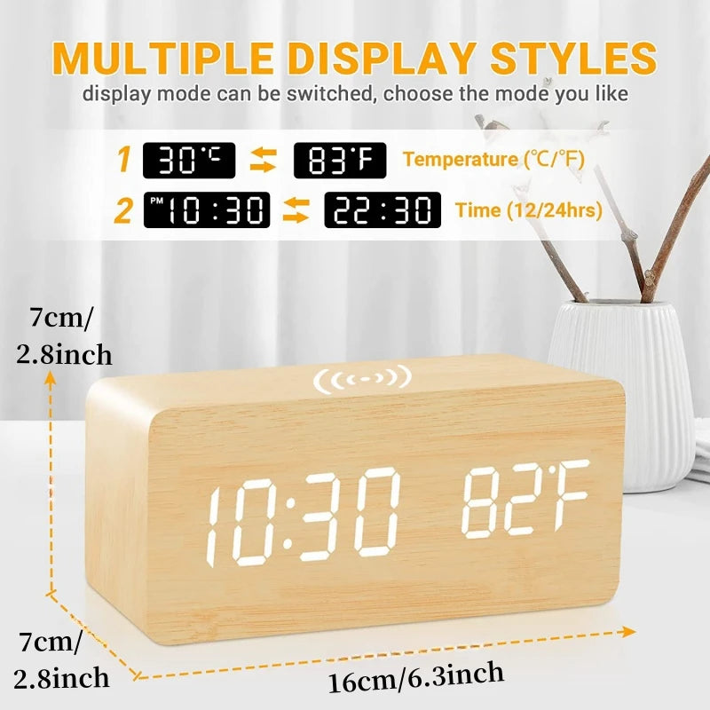 Réveil numérique en bois Charge sans fil Température Rendez-vous Mode nuit Horloge de table 3 Alarme 12 / 24H Horloge LED