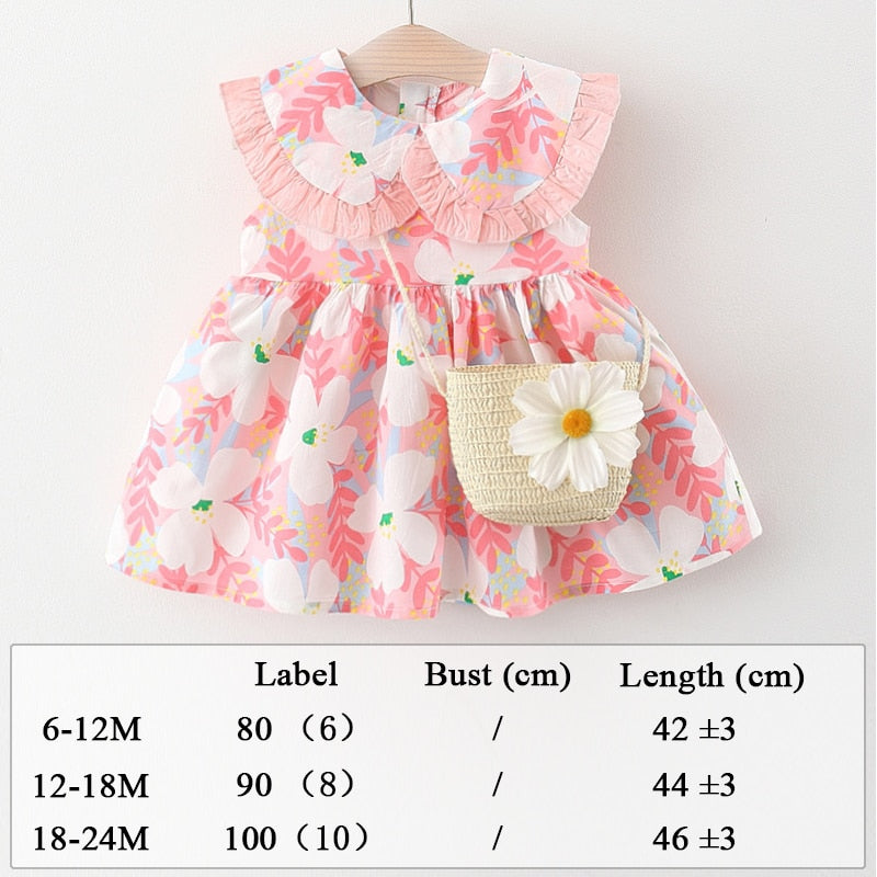 Robe Imprimée Intégrale Avec Des Fleurs Pour Enfant En Bas Âge Et Chapeau, Jolie Robe Sans Manches Avec Nœud Décoratif, Vêtements Pour Bébé Fille Pour L'été