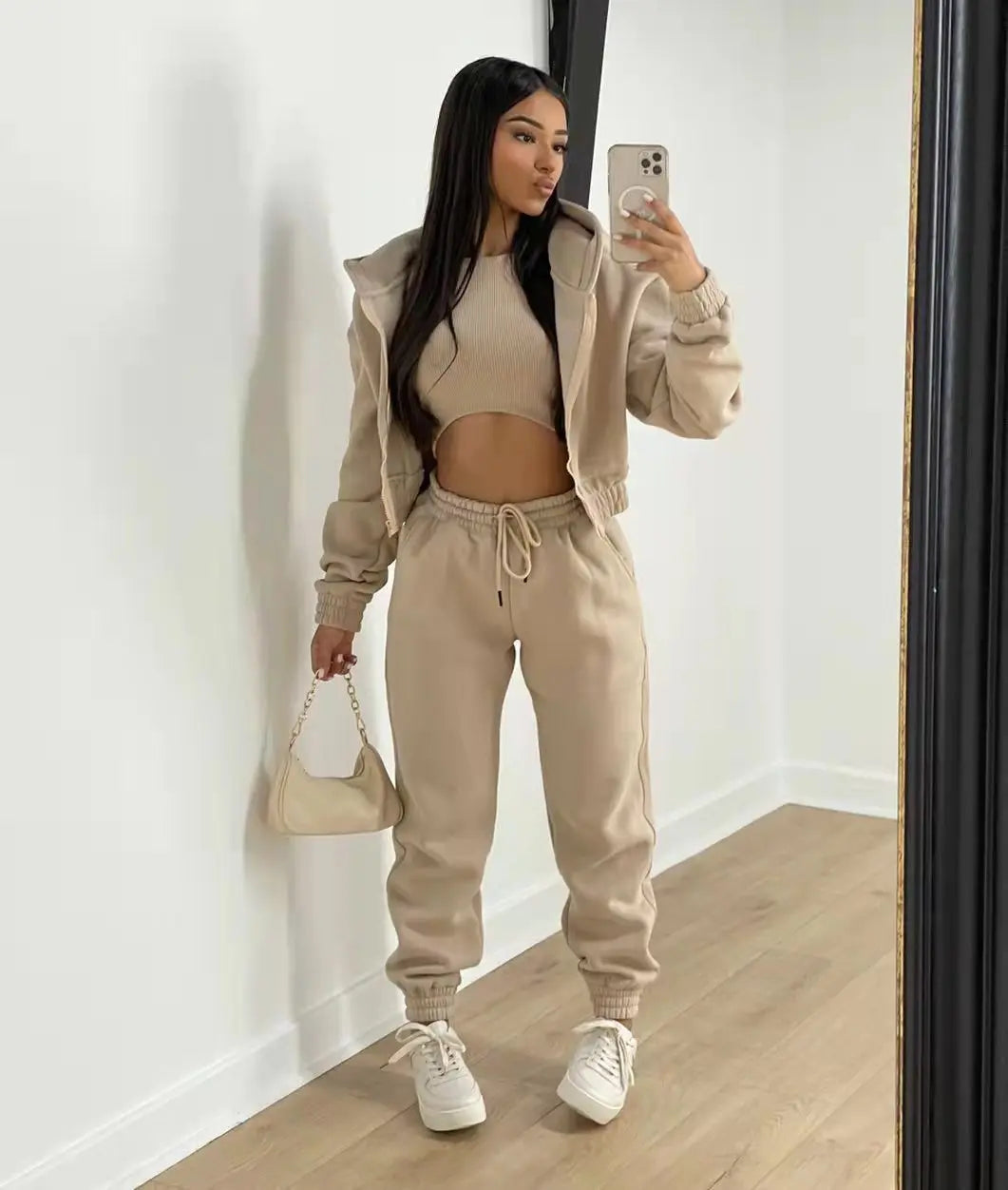 3pcs Ensemble de vêtements pour femmes Pull à capuche doublé de polaire , survêtement de sport