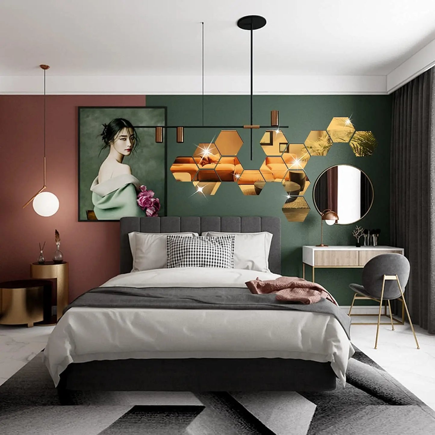 12 pcs 3D Miroir Mural Autocollant Rose Or ,Décoration Murale Chambre Salle de Bain Décoration Intérieure