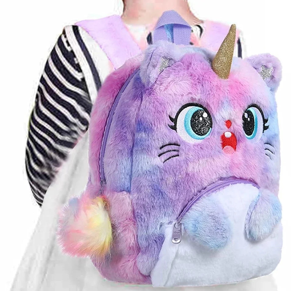 NEEVAS Ensemble sac à dos et sac à main mignon licorne chat kawaii coloré en peluche sac d'école, sac à bandoulière, sac à bandoulière doux, cadeau pour enfants filles