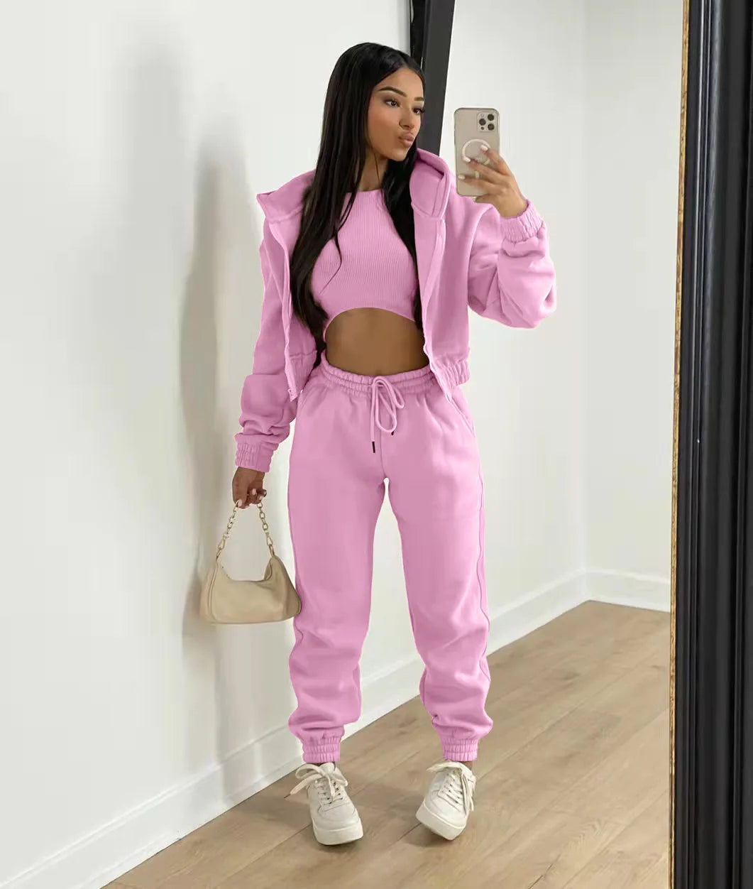 3pcs Ensemble de vêtements pour femmes Pull à capuche doublé de polaire , survêtement de sport
