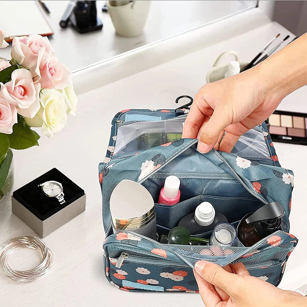 OrgaWise Trousse de Toilette Femme Pliable Étanche, Portable Trousse de Toilette Multifonction, Envoyer Un Joli Petit Sac (Daisy Bleu)