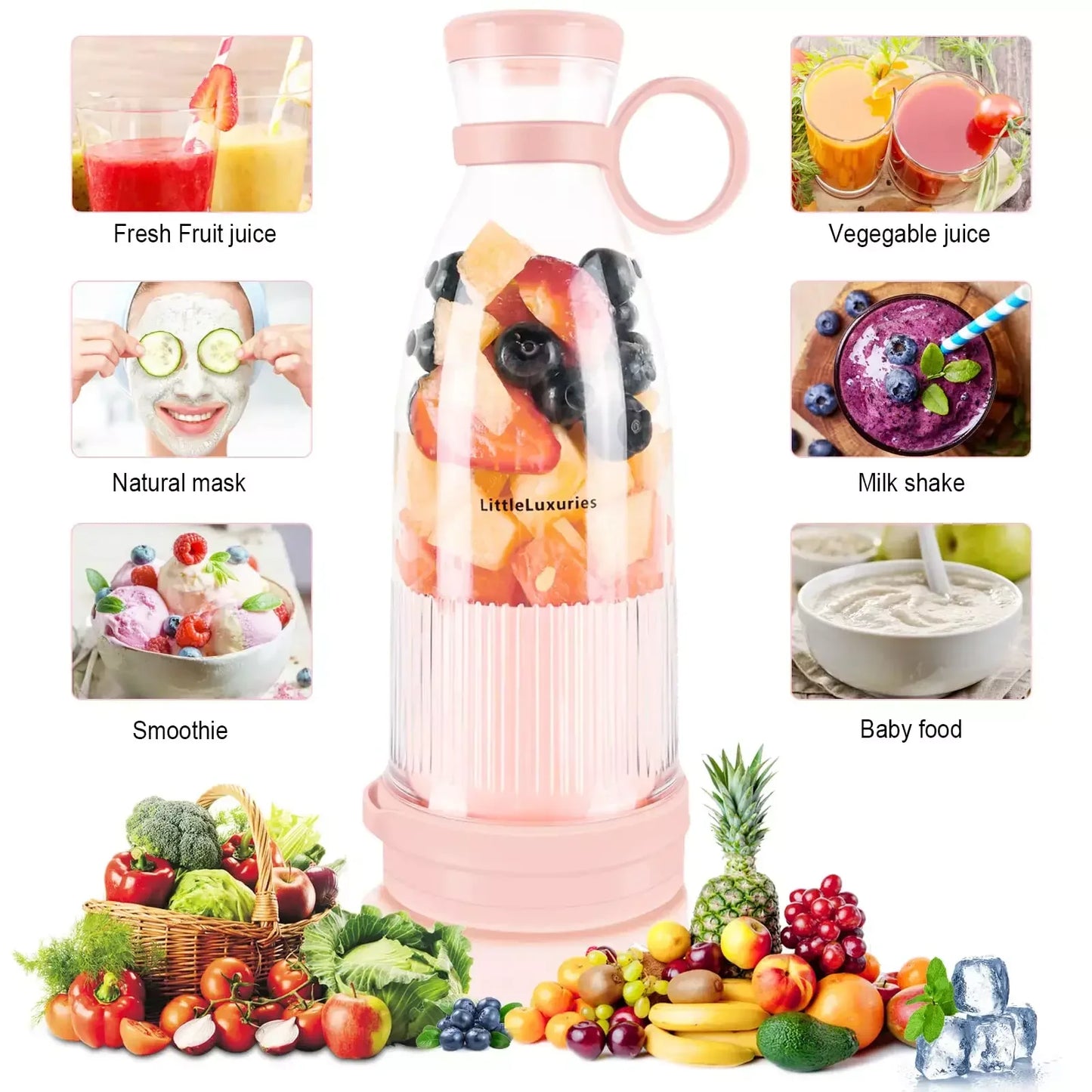 Mélangeur Portable,Blender Smoothie,380ml Mini Mixeur avec USB Rechargeable,Fresh Juice Blender,Jus de Fruits Blender Smoothie avec 6 lames super tranchantes pour Cuisine