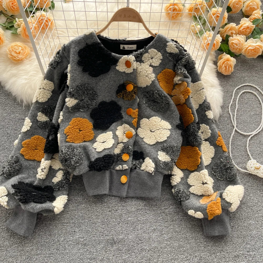 Veste Courte à Manches sulfet Col Rond pour Femme, Vêtement à Boutonnage Simple, Style Rétro, Fleur Tridimensionnelle