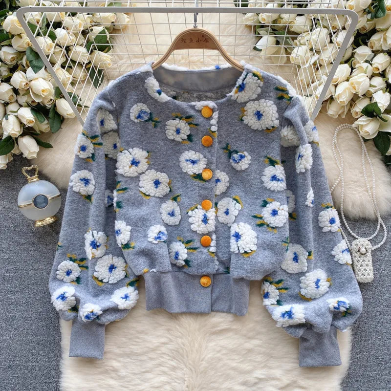 Veste Courte à Manches sulfet Col Rond pour Femme, Vêtement à Boutonnage Simple, Style Rétro, Fleur Tridimensionnelle
