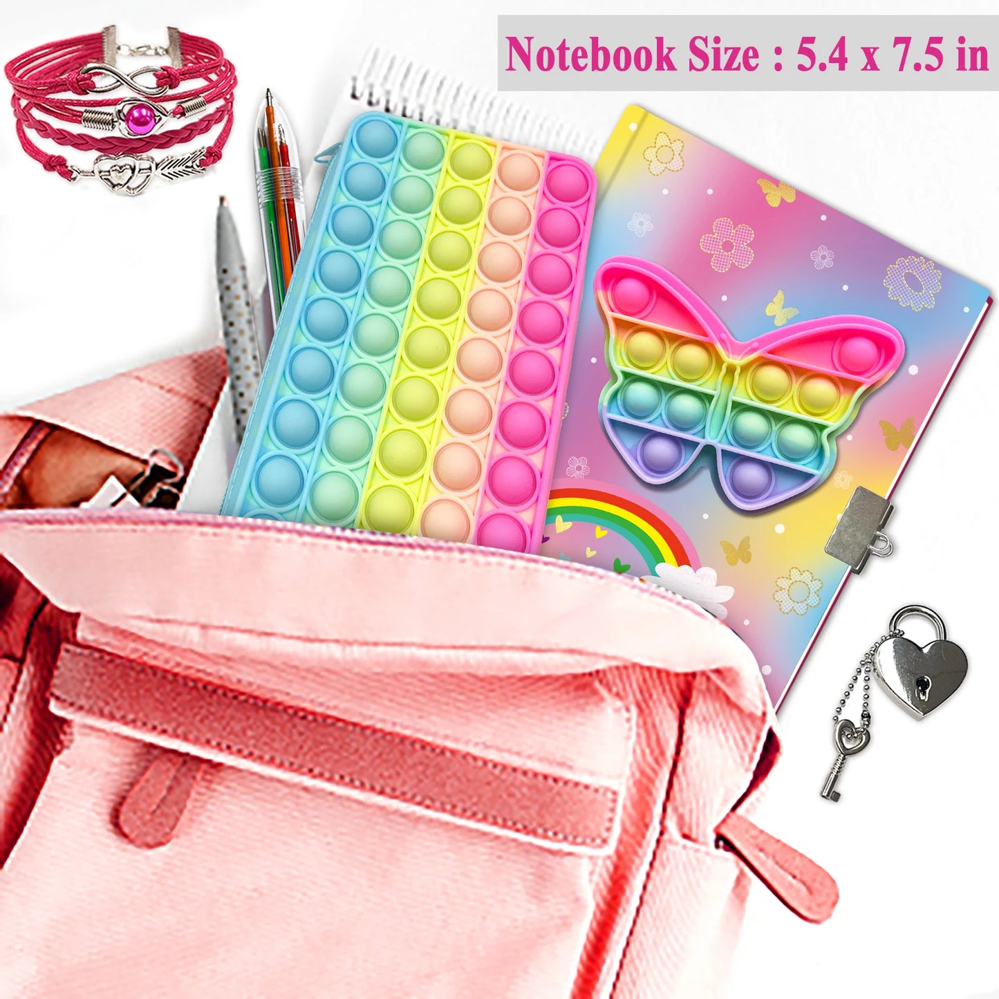 Cahier Pop pour Enfants, Fidget Journal Set Comprend Agenda avec serrure Bracelet de mode rose 6 Stylo à bille multicolore