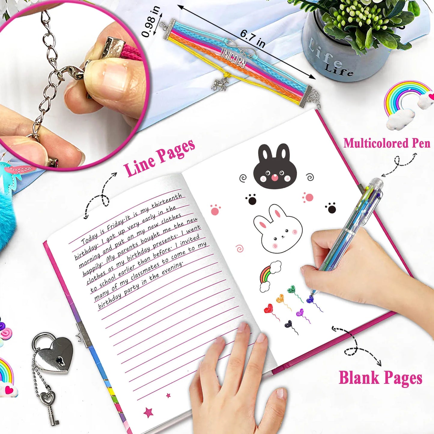 Cahier Pop pour Enfants, Fidget Journal Set Comprend Agenda avec serrure Bracelet de mode rose 6 Stylo à bille multicolore