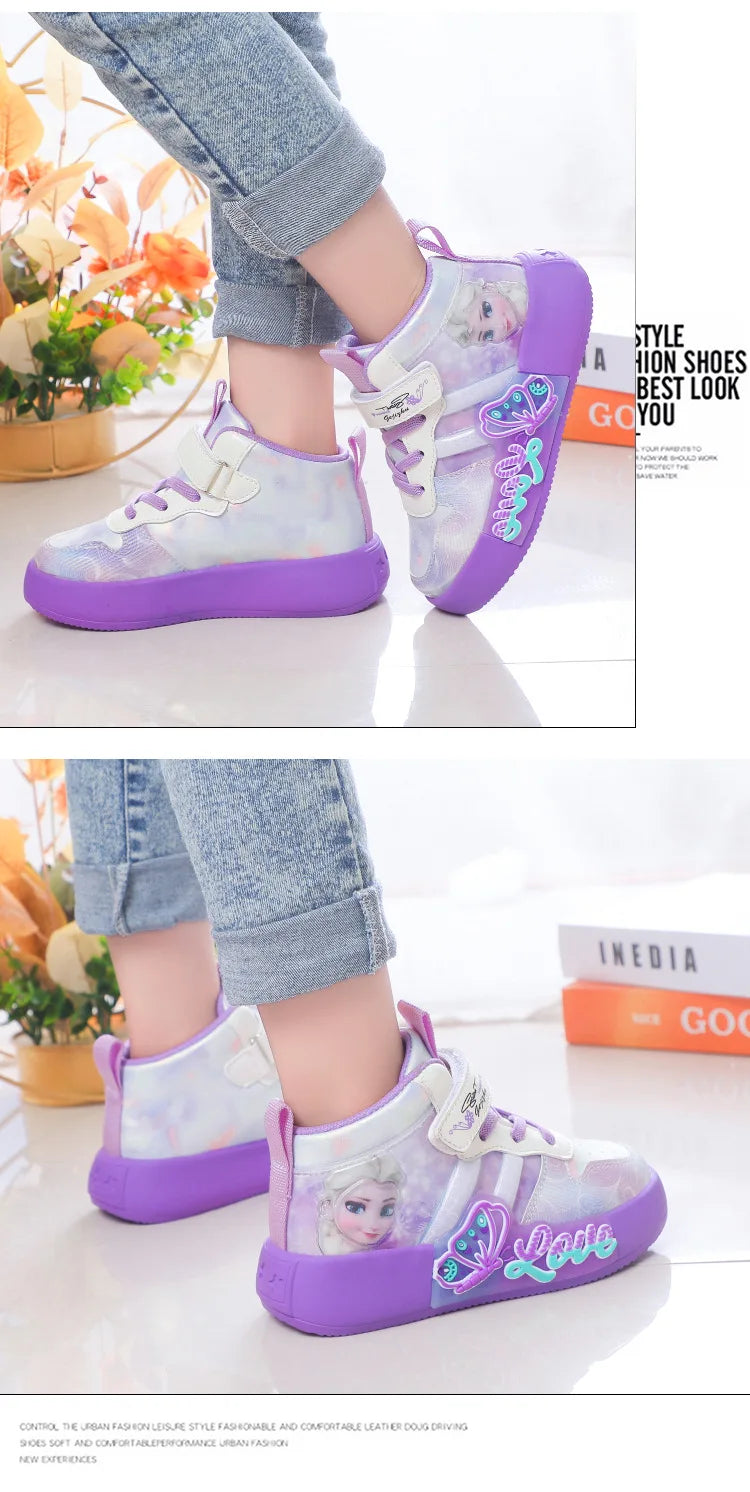 Disney Princess Elsa High Top Casual Board Shoes Automne et Hiver Pour Enfants Plus Chaussures de sport en peluche 7-13