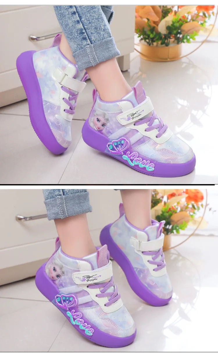 Disney Princess Elsa High Top Casual Board Shoes Automne et Hiver Pour Enfants Plus Chaussures de sport en peluche 7-13
