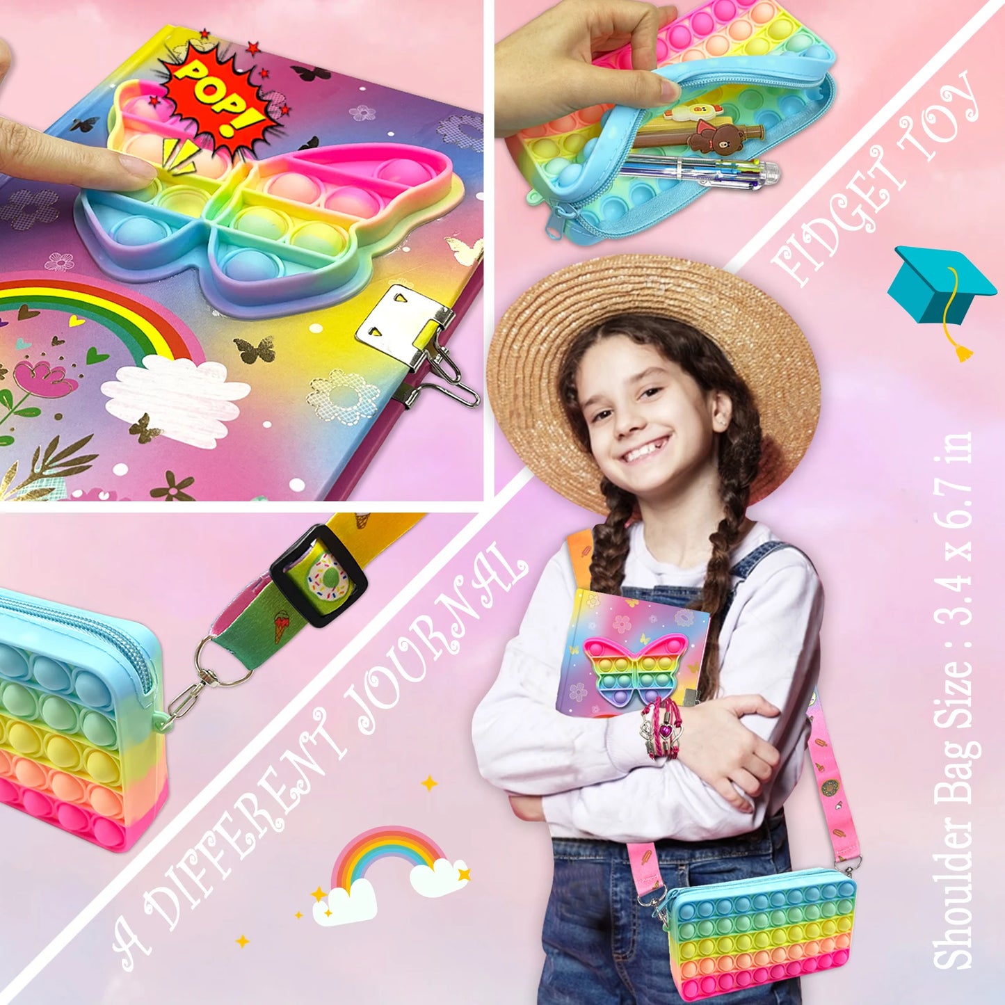Cahier Pop pour Enfants, Fidget Journal Set Comprend Agenda avec serrure Bracelet de mode rose 6 Stylo à bille multicolore
