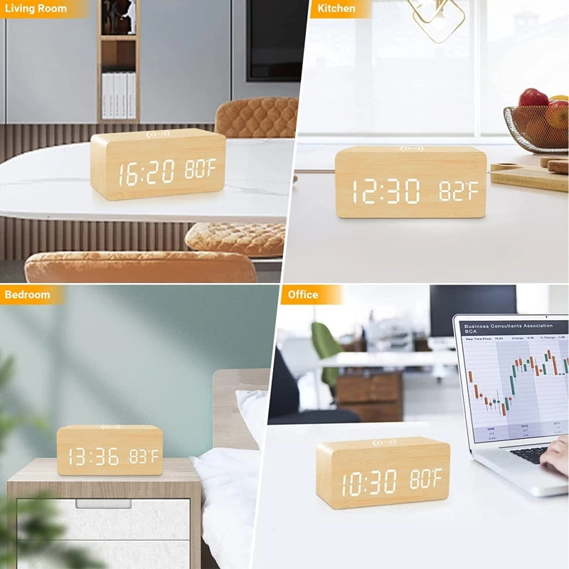 Réveil numérique en bois Charge sans fil Température Rendez-vous Mode nuit Horloge de table 3 Alarme 12 / 24H Horloge LED